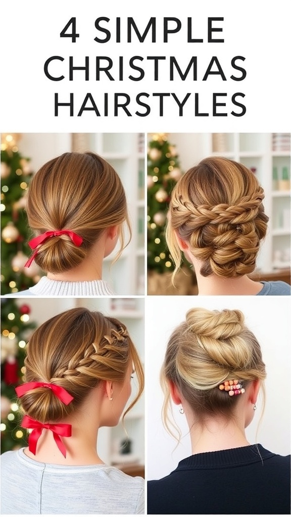Collage of four easy Christmas hairstyles: low bun, braided crown, messy top knot, twisted side ponytail with festive decorations.